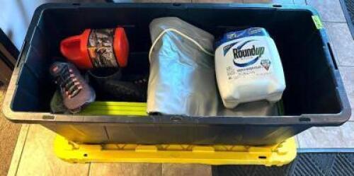 PLASTIC TOTE AND CONTENTS - DOCK BOX W/ RAFTS, CLEANERS, DOCK SHOES, AND MISC.