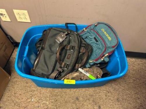 PLASTIC TOTE AND CONTENTS - ASSORTED BACK PACKS