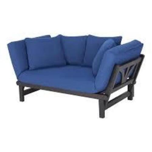 DESCRIPTION: (1) DAY SOFA BRAND/MODEL: BETTER HOMES AND GARDENS INFORMATION: DARK BROWN WITH BLUE SIZE: DELAHEY STUDIO RETAIL$: $315.00 EA QTY: 1