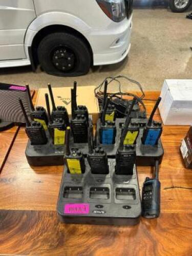 LARGE GROUP OF WALKIE TALKIE WITH CHARGING BASES
