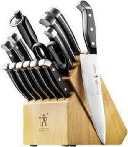 DESCRIPTION: (1) KNIFE SET BRAND/MODEL: HENCKELS INFORMATION: BLACK HANDLE, WOOD BLOCK SIZE: 15 PIECES RETAIL$: $149.95 EA QTY: 1