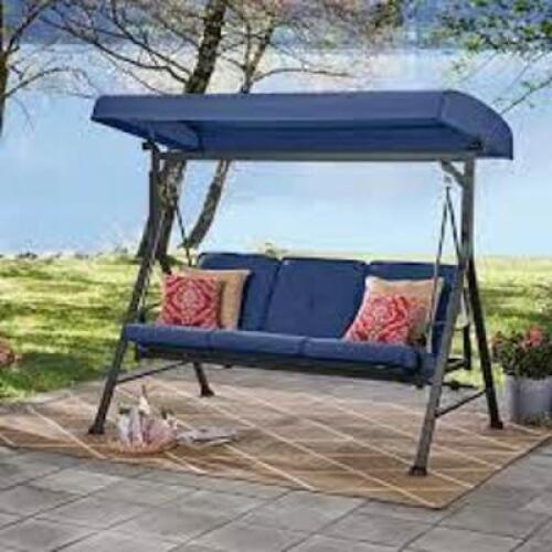 DESCRIPTION: (1) STEEL PORCH SWING BRAND/MODEL: MAINSTAYS INFORMATION: BLUE MUST COME INSPECT RETAIL$: $275.00 QTY: 1