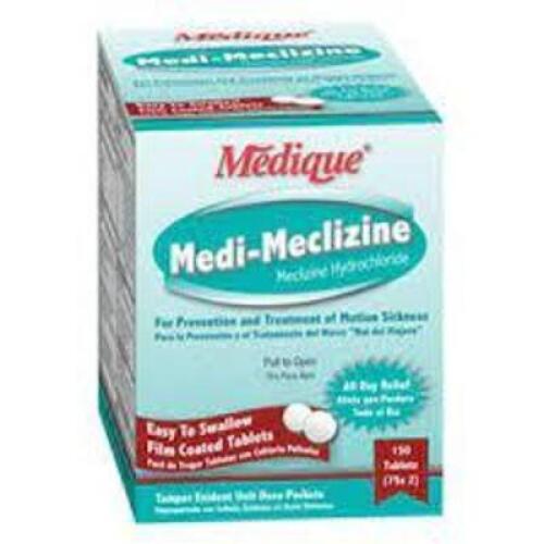 DESCRIPTION: (4) MOTION SICKNESS TABLETS BRAND/MODEL: MEDIQUE MEDI-MECLIZINE SIZE: 100 TABLETS RETAIL$: $15.04 EA QTY: 4