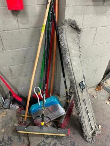 (1) LOT OF ASSORTED LONG HANDLE CLEANING TOOLS.