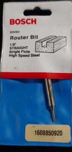 DESCRIPTION: APPROX.(24) HSS SINGLE FLUTE ROUTER BITS BRAND/MODEL: BOSCH 85092 INFORMATION: STRAIGHT FLUTE RETAIL$: $ 13.87 EACH SIZE: 1/8" QTY: 24