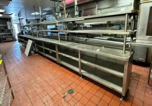 LARGE STAINLESS STEEL PREP TABLE WITH SHELVING AND FOOD WARMERS