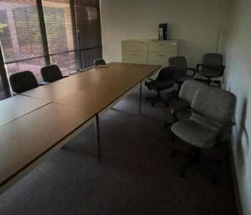 (4) - 5 FOOT WORK TABLES WITH ADDITIONAL CHAIRS AND CABINETS