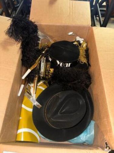 (1) BOX OF NEW YEARS EVE PROPS AND HATS.