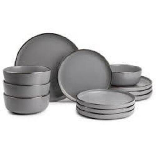 DESCRIPTION: (1) DINNERWARE AVA STONEWARE 12 PIECE SET BRAND/MODEL: THYME AND TABLE #TT0033 INFORMATION: GRAY RETAIL$: $40.00 SIZE: 12 PIECE QTY: 1