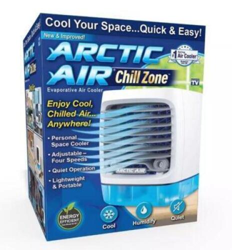 DESCRIPTION: (1) EVAPORATIVE COOLER BRAND/MODEL: AS SEEN ON TV INFORMATION: 4 SPEEDS, CAN RUN 8 HOUR PER TANK FILL RETAIL$: $23.99 SIZE: 6.3 Inches (H
