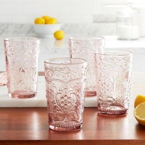 DESCRIPTION: (1) (4) PIECE GLASS TUMBLERS BRAND/MODEL: PIONEER WOMAN INFORMATION: ROSE RETAIL$: $23.99 SIZE: 15.22 OZ QTY: 1
