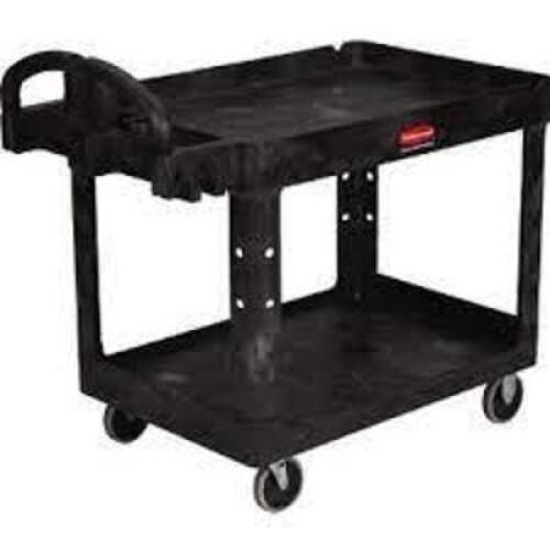 DESCRIPTION: (1) UTILITY CART BRAND/MODEL: RUBBERMAID #4520-88 INFORMATION: BLACK SIZE: 2 SHELF, WITH LIPS, PLASTIC RETAIL$: $225.00 EA QTY: 1