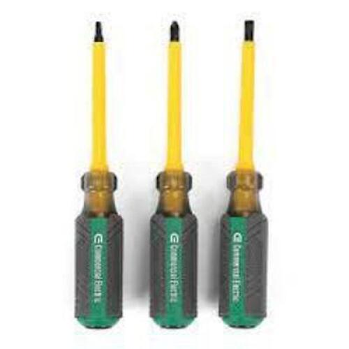 DESCRIPTION: (1) SET OF (3) INSULATED SCREWDRIVERS BRAND/MODEL: COMMERCIAL ELECTRIC #100050531 INFORMATION: GRAY HANDLES SIZE: 3 PIECES RETAIL$: $14.9