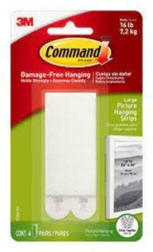 DESCRIPTION: (24) PICTURE HANGING STRIPS BRAND/MODEL: COMMAND/17206-ES INFORMATION: 4-PAIR/WHITE SIZE: .6"L X 3.88"W X 6.75"H RETAIL$: $92.16 TOTAL QT