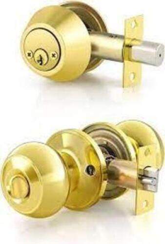 DESCRIPTION: (1) SET OF (2) DOOR KNOBS AND (2) DEADBOLTS BRAND/MODEL: DEFIANT INFORMATION: GOLD STYLE SIZE: ALL KEYED ALIKE RETAIL$: $120.0 TOTAL QTY: