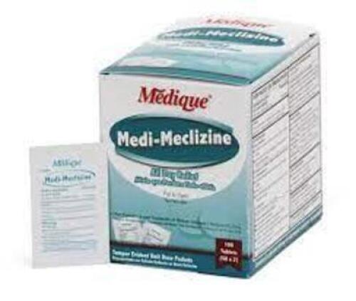 DESCRIPTION: (4) MOTION SICKNESS TABLETS BRAND/MODEL: MEDIQUE MEDI-MECLIZINE SIZE: 100 TABLETS RETAIL$: $15.04 EA QTY: 4