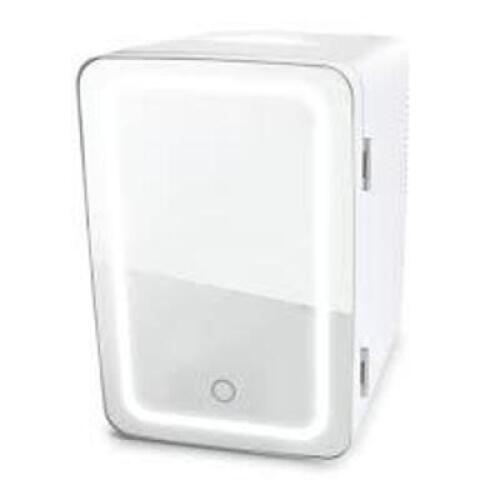 DESCRIPTION: (1) LIGHTED MINI FRIDGE WITH MIRROR DOOR BRAND/MODEL: PERSONAL CHILLER #K6101WH INFORMATION: WHITE RETAIL$: $40.00 SIZE: 10.60 X 7.70 X 1