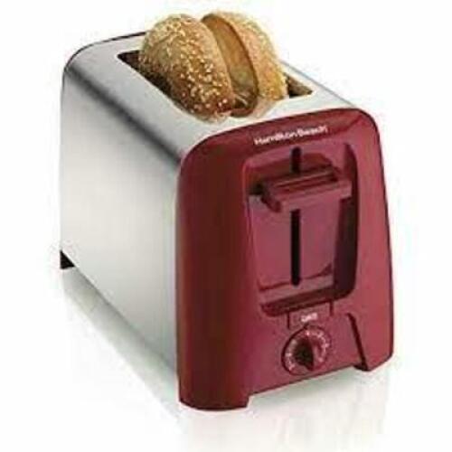 DESCRIPTION: (1) 2 SLICE TOASTER BRAND/MODEL: HAMILTON BEACH #22623 INFORMATION: CHROME AND RED RETAIL$: $34.00 QTY: 1