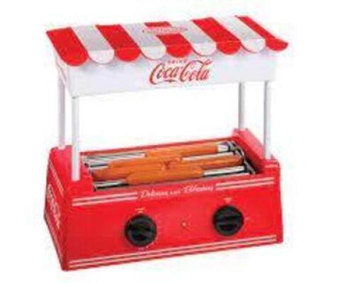 DESCRIPTION: (1) HOT DOG ROLLER AND WARMER BRAND/MODEL: NOSTALGIA #HDR8CK INFORMATION: RED AND WHITE RETAIL$: $40.00 SIZE: 14.25 X 8.75 X 14.00 QTY: 1