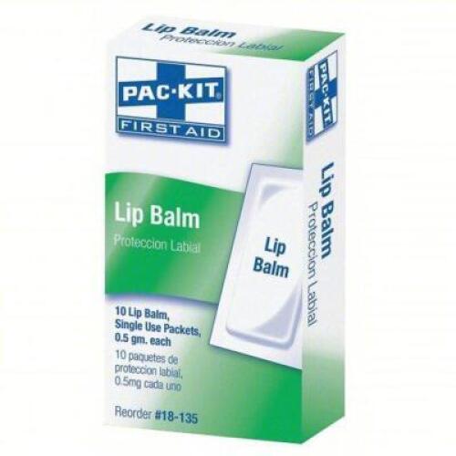 DESCRIPTION: (10) BOXES OF (10) PACKETS OF LIP BALM BRAND/MODEL: FIRST AID ONLY SIZE: .5 OZ RETAIL$: $5.00 EA QTY: 10