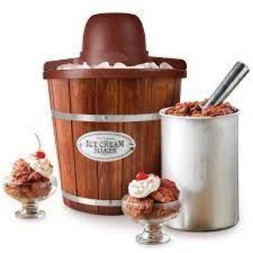 DESCRIPTION: (1) WOOD BUCKET ICE CREAM MAKER BRAND/MODEL: NOSTALGIA #ICWM4NHDB INFORMATION: BROWN RETAIL$: $60.00 SIZE: 4 QT QTY: 1