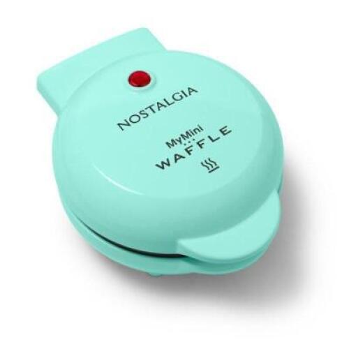 DESCRIPTION: (1) MY MINI WAFFLE MAKER BRAND/MODEL: NOSTALGIA INFORMATION: TEAL RETAIL$: $8.90 SIZE: 6.25 X 5.00 X 3.50 QTY: 1