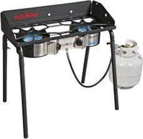 DESCRIPTION: (1) 2 BURNER CAMP STOVE BRAND/MODEL: CAMP CHEF EXPLORER #100033666 INFORMATION: BLACK RETAIL$: $130.00 SIZE: 14"X32" QTY: 1