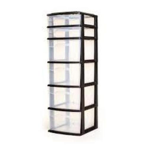 DESCRIPTION: (1) 6 DRAWER MEDIUM TOWER DRAWER SET BRAND/MODEL: HOMZ INFORMATION: BLACK AND CLEAR RETAIL$: $44.98 SIZE: 12X14.25X39.3125 QTY: 1