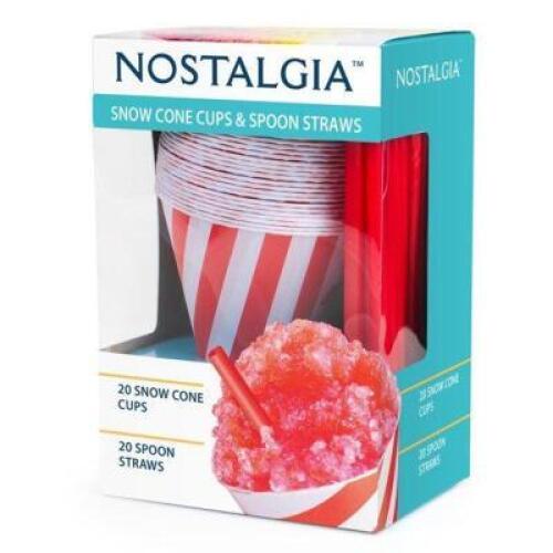 DESCRIPTION: (6) PACKS OF (20) SNOW CONE CUPS AND STRAW SPOONS BRAND/MODEL: NOSTALGIA INFORMATION: RED STRIPE RETAIL$: $8.16 EA QTY: 6