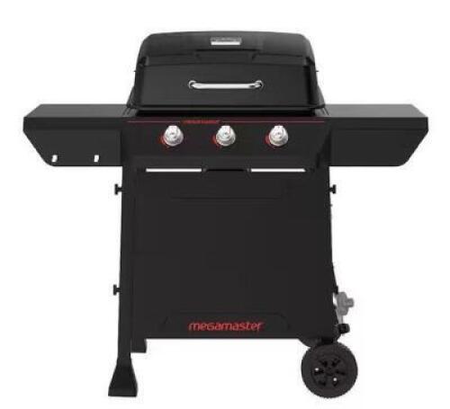 DESCRIPTION: (1) PROPANE GAS GRILL BRAND/MODEL: MEGAMASTER INFORMATION: 447.28 SQIN COOKING SPACE, 27,000 BTU, 3 BURNERS, LP RETAIL$: $169 SIZE: 43.31