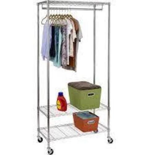 DESCRIPTION: (1) 3 SHELF DELUXE ROLLING GARMENT RACK BRAND/MODEL: HONEY-CAN-DO #GAR-02079 INFORMATION: SILVER RETAIL$: $80.00 SIZE: 17.70 X 35.83 X 76