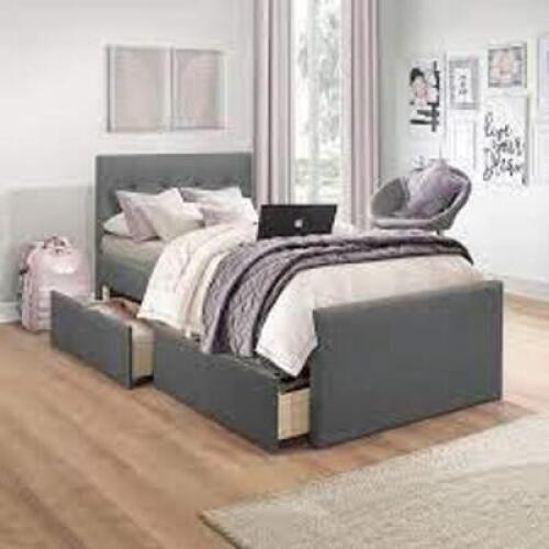 DESCRIPTION: (1) PLATFORM BED WITH 2 STORAGE DRAWERS BRAND/MODEL: EMORY INFORMATION: UPHOLSTERED GRAY RETAIL$: $279.97 SIZE: TWIN QTY: 1