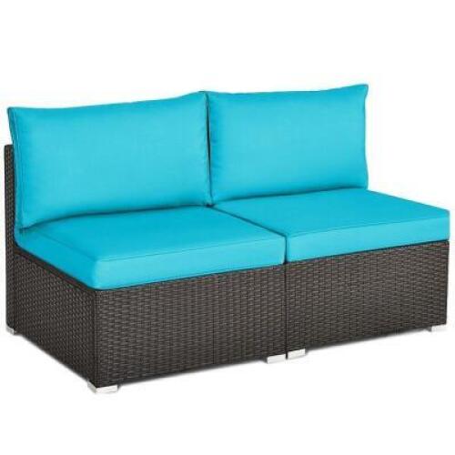 DESCRIPTION: (1) 2 PIECE PATIO RATTAN ARMLESS SOFA SET BRAND/MODEL: COSTWAY INFORMATION: BLUE AND BLACK RETAIL$: $209.95 SIZE: 25.5'' X 29.5'' X 25.5'