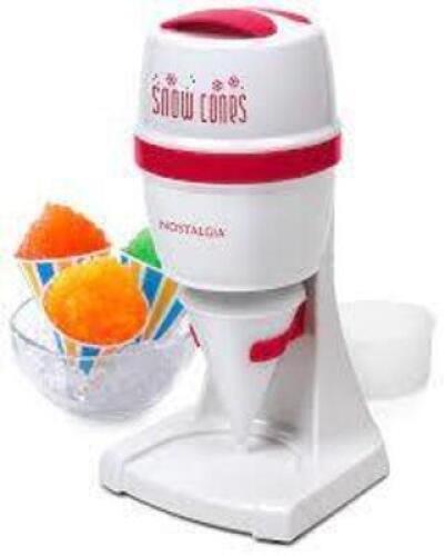 DESCRIPTION: (1) SNOW CONE MAKER BRAND/MODEL: NOSTALGIA #ICESHVR2RED INFORMATION: WHITE AND RED RETAIL$: $44.58 SIZE: 6.50 X 6.25 X 13.25 QTY: 1