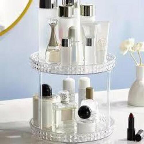 DESCRIPTION: (3) MULTI-FUNCTION ROTATING RACK INFORMATION: TRANSPARENT SIZE: 2 TIER RETAIL$: $25.17 EA QTY: 3