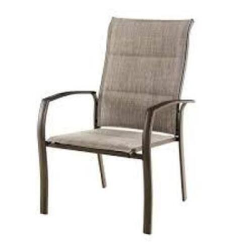 DESCRIPTION: (4) OVERSIZED PADDED SLING CHAIR BRAND/MODEL: STYLEWELL #1004439783 INFORMATION: DARK TAUPE FINISH, FIVERBED TAN FABRIC SIZE: 27.3" W X 2