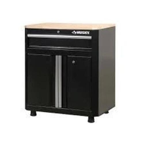 DESCRIPTION: (1) CABINET WITH WORK SPACEBRAND/MODEL: HUSKY #1001488134INFORMATION: BLACKSIZE: 28 in. W x 32.8 in. H x 18.3 in. D, 2-DOORRETAIL$: $279.00 EAQTY: 1
