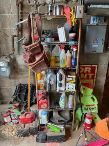 DESCRIPTION SHELF AND CONTENTS - ASSORTED CLEANERS, SPRAYS, AND TOOLING. WALL MOUNTED KEY BOX NOT INCLUDED. THIS LOT IS: ONE MONEY LOCATION WAREHOUSE