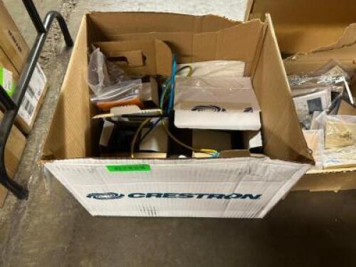 LARGE BOX OF ASSORTED AV AND DISH TV EQUIPMENT