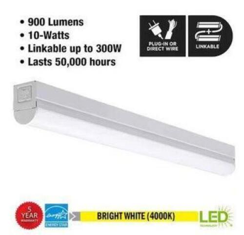 2 FT LED GARAGE WORKSHOP CEILING STRIP LIGHT PLUG-IN OR HARDWIRE 900 LUMENS WITH POWER & LINKING CORD 4000K BRIGHT WHITE