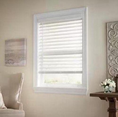 (3) - WHITE CORDLESS PREMIUM FAUX WOOD BLINDS WITH 2.5 IN. SLATS - 37.5 IN. W X 72 IN. L