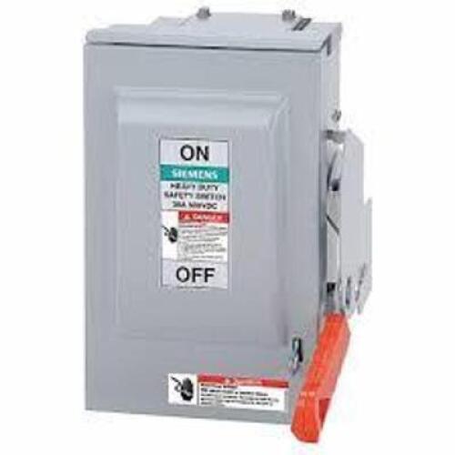 DESCRIPTION: (1) HEAVY DUTY SAFETY SWITCH BRAND/MODEL: SIEMENS #HF361RPVPG INFORMATION: GRAY STEEL SIZE: 3 PHASE, 30 AMP, 600 VDC RETAIL$: $717.49 EA