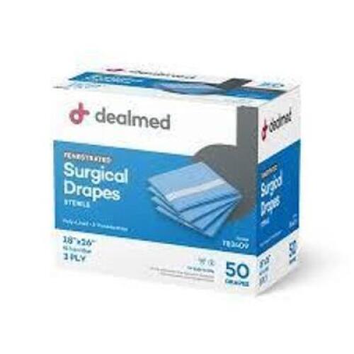 DESCRIPTION: (12) BOXES OF (50) SURGICAL DRAPES BRAND/MODEL: DEALMED #793409 SIZE: 18" X 26" DRESSINGS RETAIL$: $102.99 EA QTY: 12