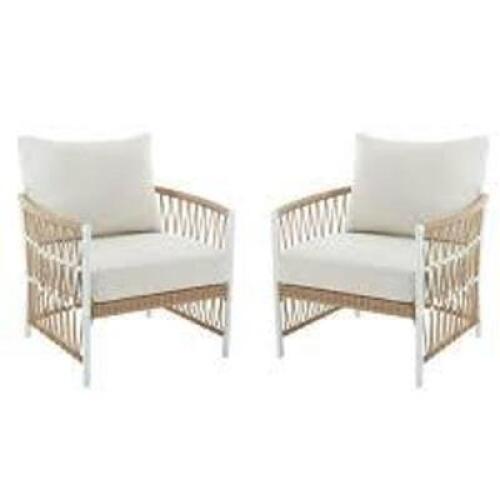 DESCRIPTION: (2) OUTDOOR ARM CHAIRS BRAND/MODEL: BETTER HOMES AND GARDENS INFORMATION: LILAH, WHITE SIZE: 2-PACK RETAIL$: $379.00 TOTAL QTY: 2