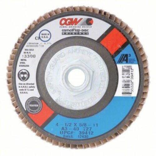 DESCRIPTION: (10) FLAP DISCS BRAND/MODEL: CGW #267V68 INFORMATION: A3 - 80 SIZE: 4-1/2 X 7/8 RETAIL$: $95.40 TOTAL QTY: 10