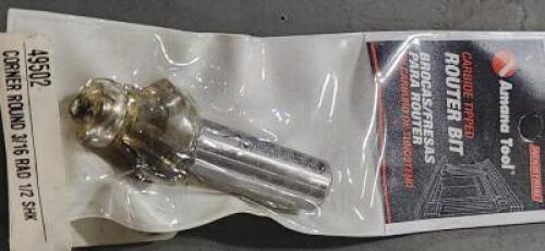 DESCRIPTION: (2) CARBIDE TIPPED ROUTER BITS BRAND/MODEL: AMANA TOOL 49502 SIZE: 3/16 RAD 7/8" DIA 1/2" SD RETAIL$: $27.86 QTY: 2