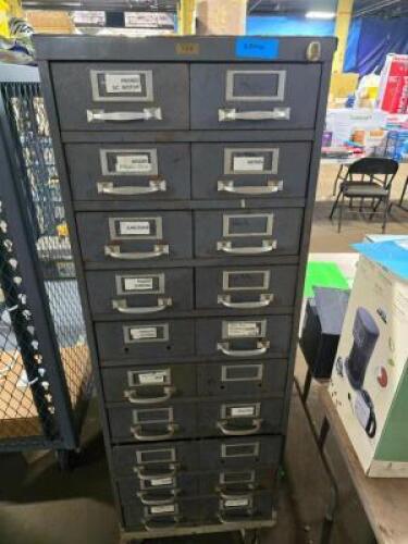 DESCRIPTION: (1) VINTAGE CARD CATALOG CABINET INFORMATION: 20 BINS, ON WHEELS SIZE: APPROX 19" X 28 1/2" X 57 3/8" QTY: 1