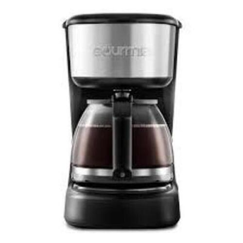 DESCRIPTION: (1) ONE TOUCH COFFEE MAKER BRAND/MODEL: GOURMIA INFORMATION: BLACK AND STAINLESS STEEL SIZE: 5 CUP RETAIL$: $27.99 EA QTY: 1
