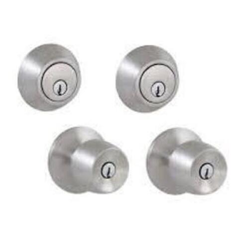DESCRIPTION: (2) DOOR KNOBS AND DEADBOLT SETS BRAND/MODEL: DEFIANT #1008974340 INFORMATION: STAINLESS STEEL FINISH SIZE: 4 KEYS RETAIL$: $84.47 TOTAL