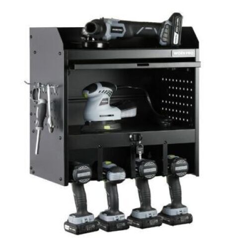 DESCRIPTION: (1) WALL MOUNT POWER TOOL STORAGE CADDYBRAND/MODEL: 80329INFORMATION: BLACK, METALSIZE: 21X14X7RETAIL$: $57.25 EAQTY: 1